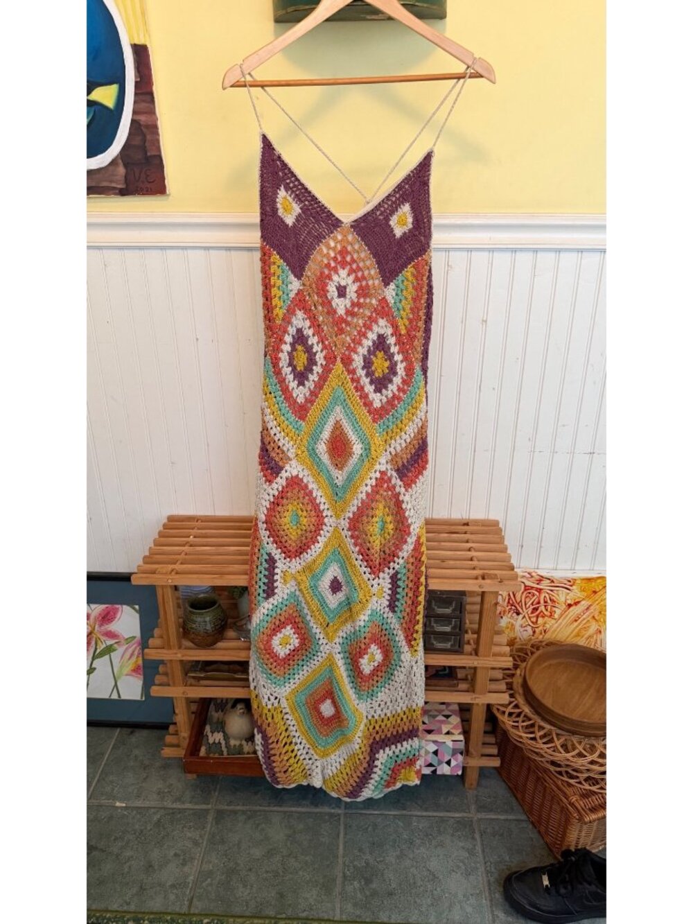 Colorful Crochet Maxi Dress With Diamond Pattern & Spaghetti Straps - Zara - Wom